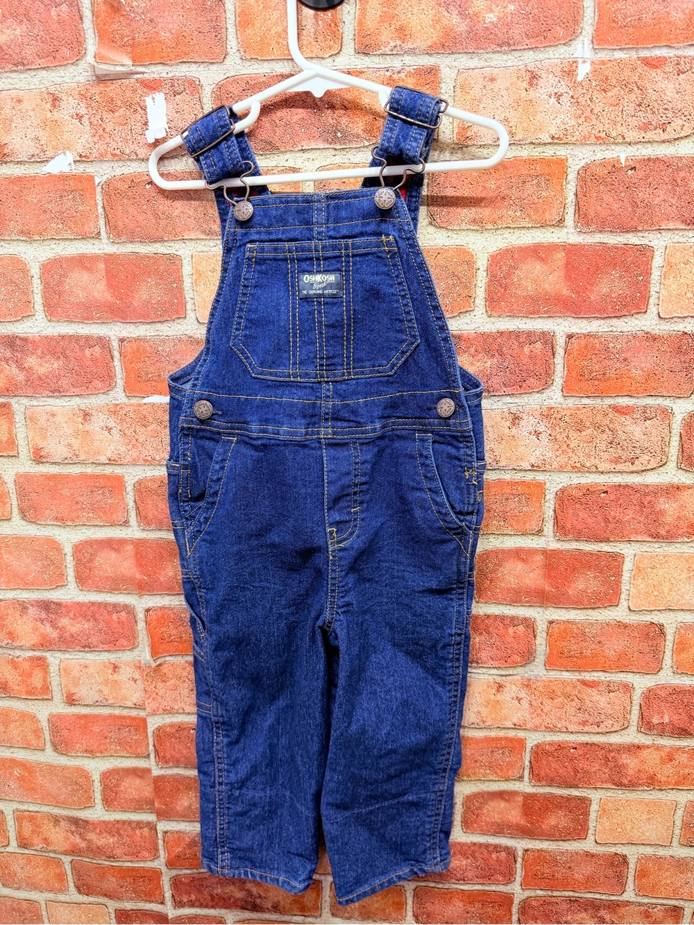 Classic Denim Overalls Dark Blue with red/black buffalo check - Osh Kosh